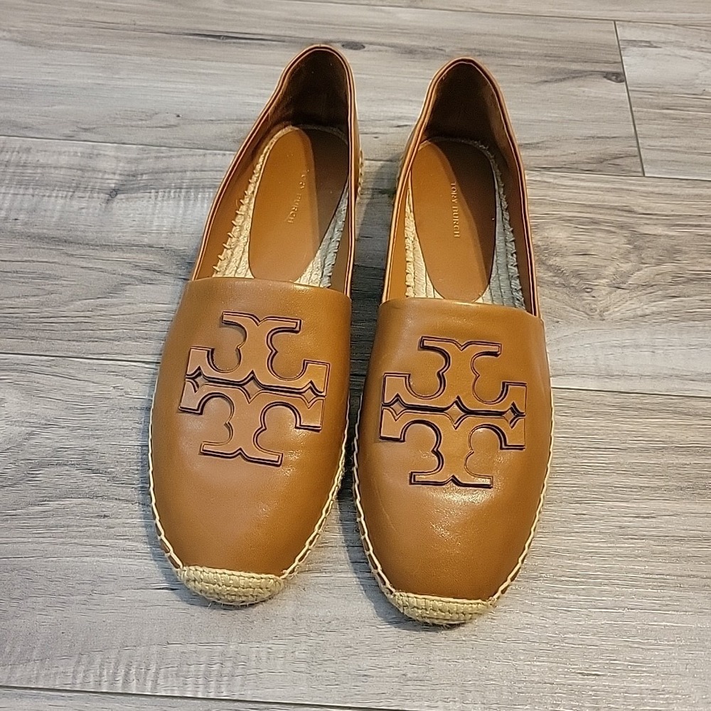 Tory Burch Ines Espadrilles Leather Platform Womens 12 Tan Double T Slip On - Picture 2 of 10